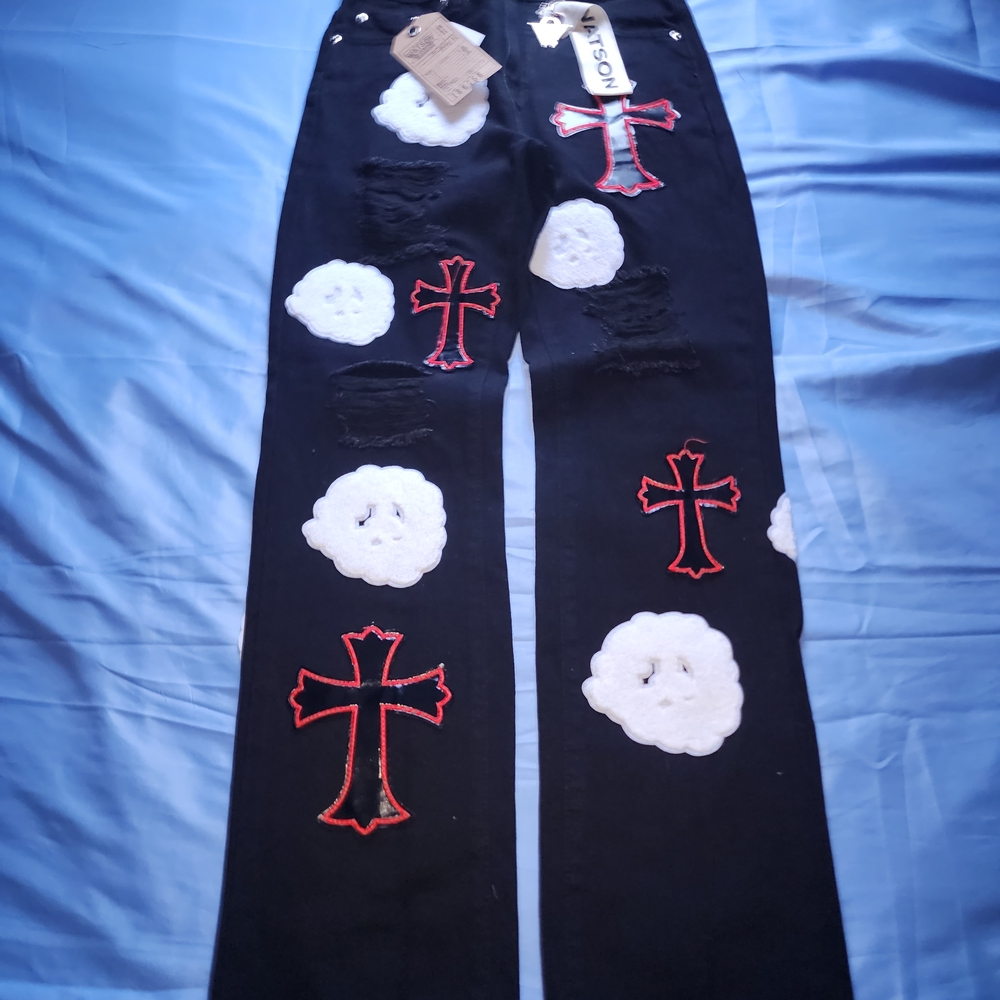 WATSON MEN'S DENIM BLACK JEANS PATCHWORK CLOUD/CROSSES SIZE 28W/32L NEW!!!